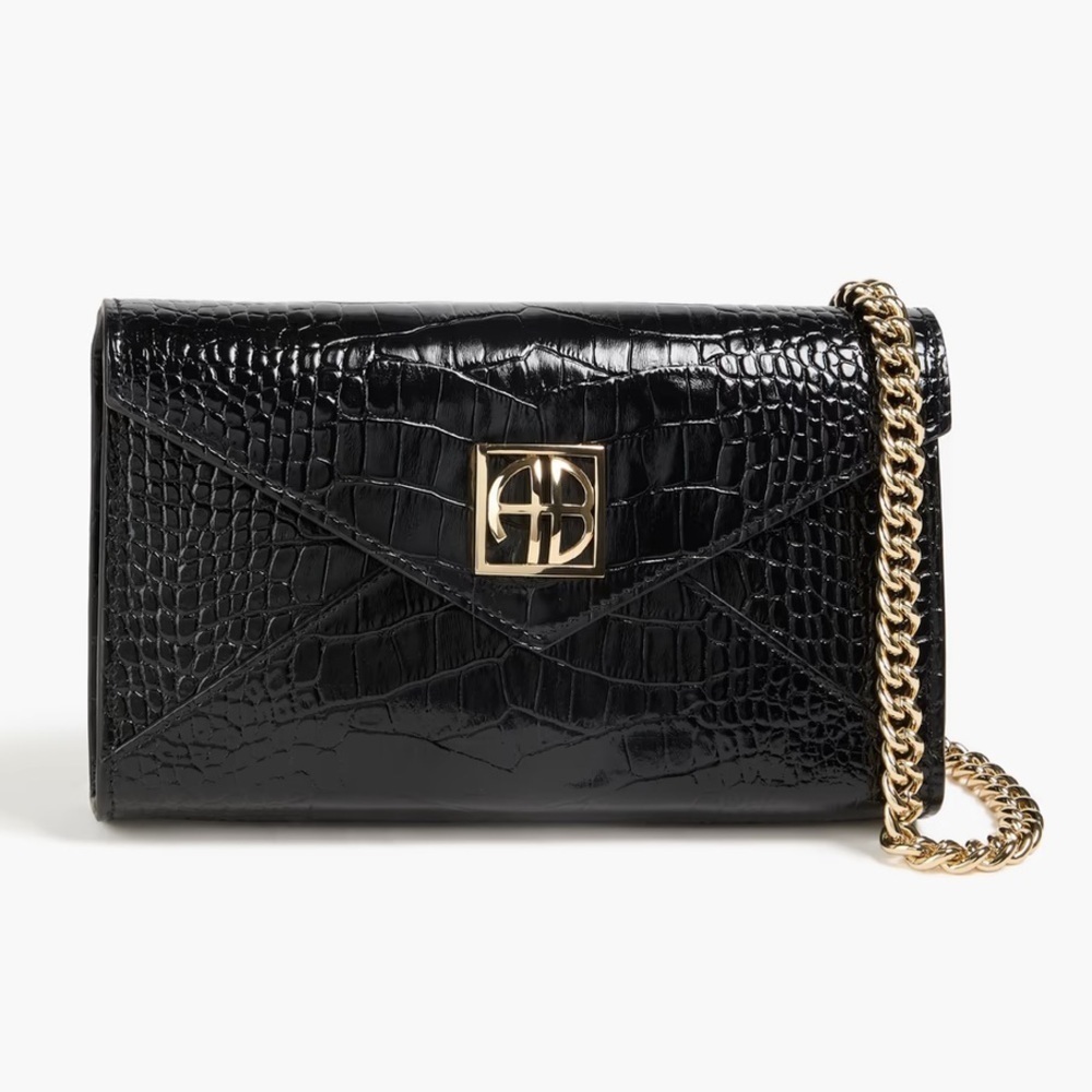 NWT ANINE BING Elly croc embossed leather envelope clutch bag with strap black